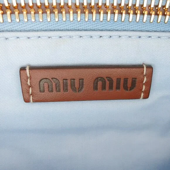 MIU MIU LIght Blue Beige Orange Raffia-Effect Embroidery Vertical Woven Tote Bag - Picture 9 of 9